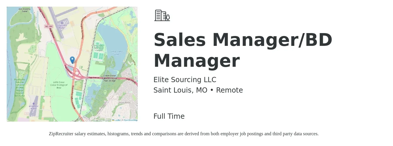 Elite Sourcing LLC job posting for a Sales Manager/BD Manager in Saint Louis, MO with a salary of $43,800 to $93,800 Yearly with a map of Saint Louis location.