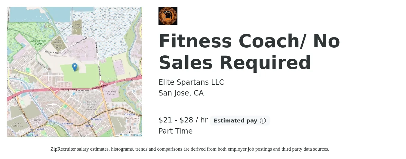 Elite Spartans LLC job posting for a Fitness Coach/ No Sales Required in San Jose, CA with a salary of $22 to $30 Hourly with a map of San Jose location.