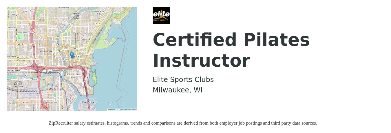Elite Sports Clubs job posting for a Certified Pilates Instructor in Milwaukee, WI with a salary of $24 to $42 Hourly with a map of Milwaukee location.