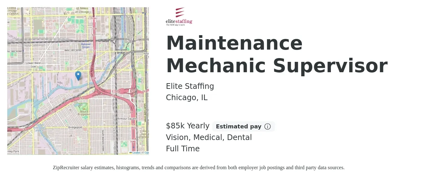 Elite Staffing job posting for a Maintenance Mechanic Supervisor in Chicago, IL with a salary of $85,000 Yearly and benefits including medical, pto, retirement, vision, dental, and life_insurance with a map of Chicago location.