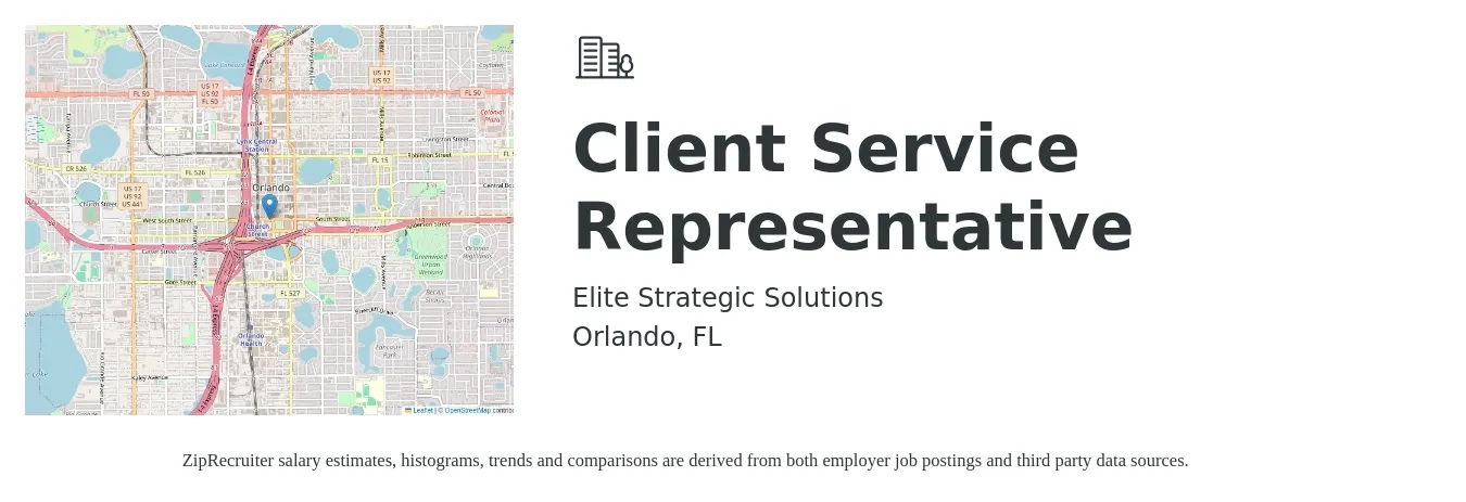 Elite Strategic Solutions job posting for a Client Service Representative in Orlando, FL with a salary of $45,000 to $54,000 Yearly with a map of Orlando location.
