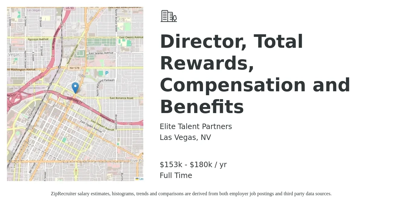Elite Talent Partners job posting for a Director, Total Rewards, Compensation and Benefits in Las Vegas, NV with a salary of $153,200 to $180,300 Yearly with a map of Las Vegas location.