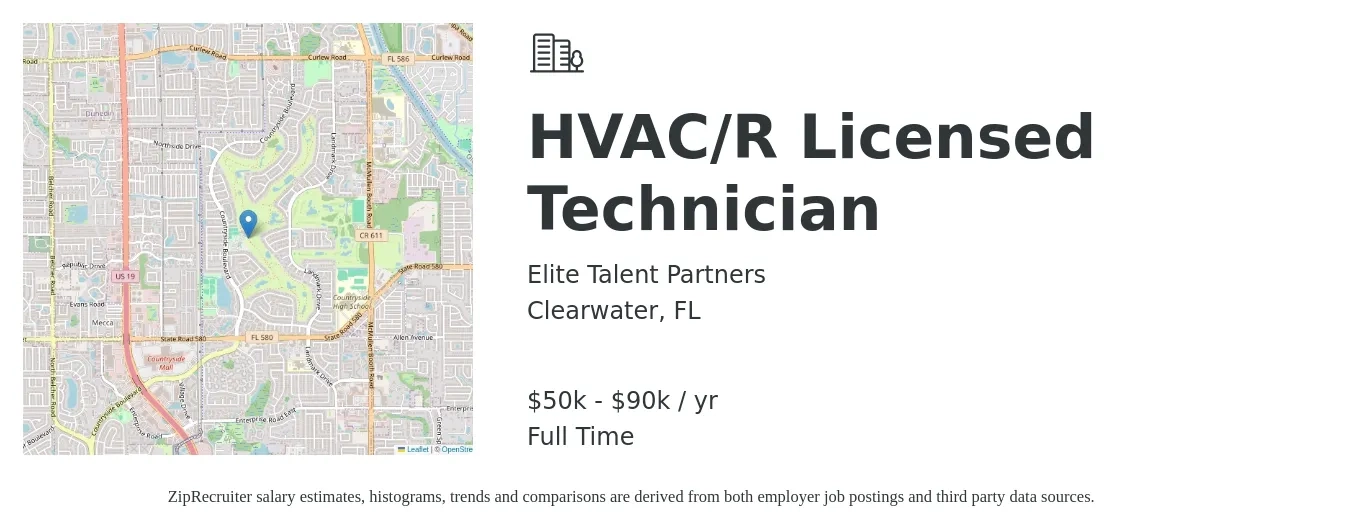 Elite Talent Partners job posting for a HVAC/R Licensed Technician in Clearwater, FL with a salary of $50,000 to $90,000 Yearly with a map of Clearwater location.
