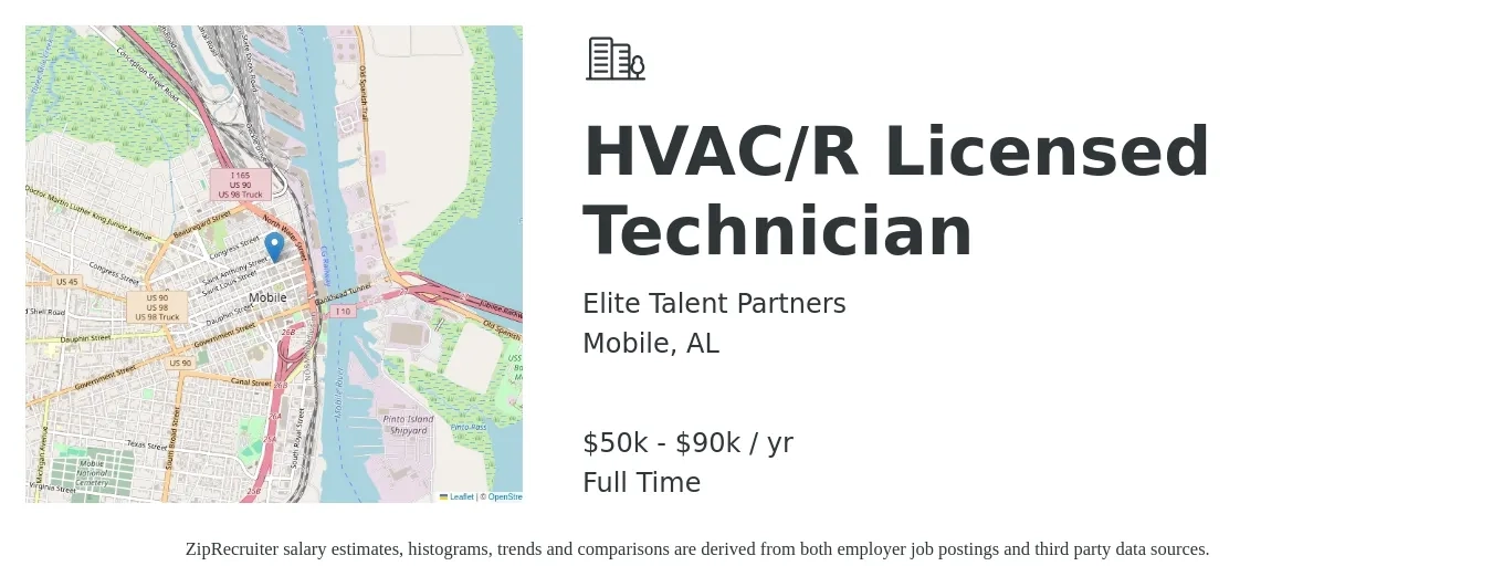 Elite Talent Partners job posting for a HVAC/R Licensed Technician in Mobile, AL with a salary of $50,000 to $90,000 Yearly with a map of Mobile location.