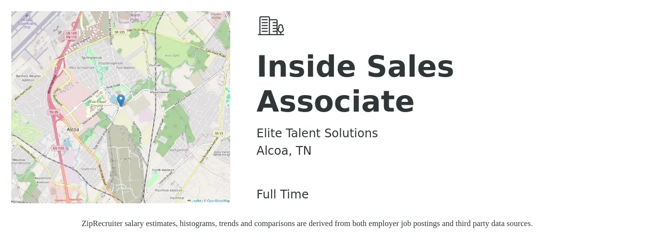 Elite Talent Solutions job posting for a Inside Sales Associate in Alcoa, TN with a salary of $16 to $24 Hourly with a map of Alcoa location.