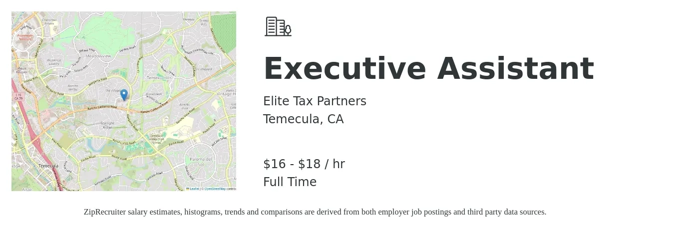 Elite Tax Partners job posting for a Executive Assistant in Temecula, CA with a salary of $17 to $19 Hourly with a map of Temecula location.