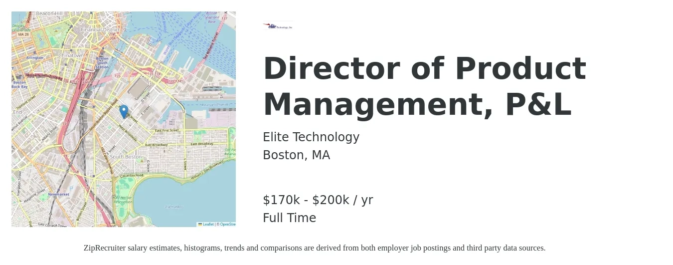 Elite Technology job posting for a Director of Product Management, P&L in Boston, MA with a salary of $170,000 to $200,000 Yearly with a map of Boston location.