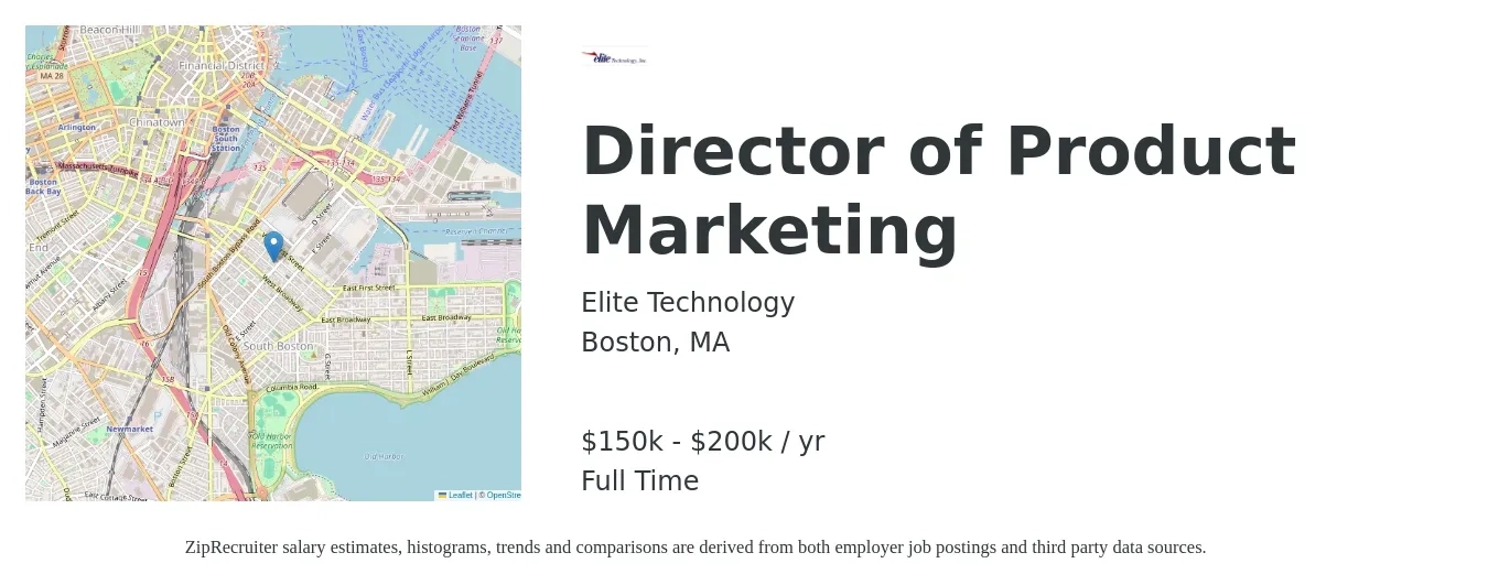 Elite Technology job posting for a Director of Product Marketing in Boston, MA with a salary of $150,000 to $200,000 Yearly with a map of Boston location.
