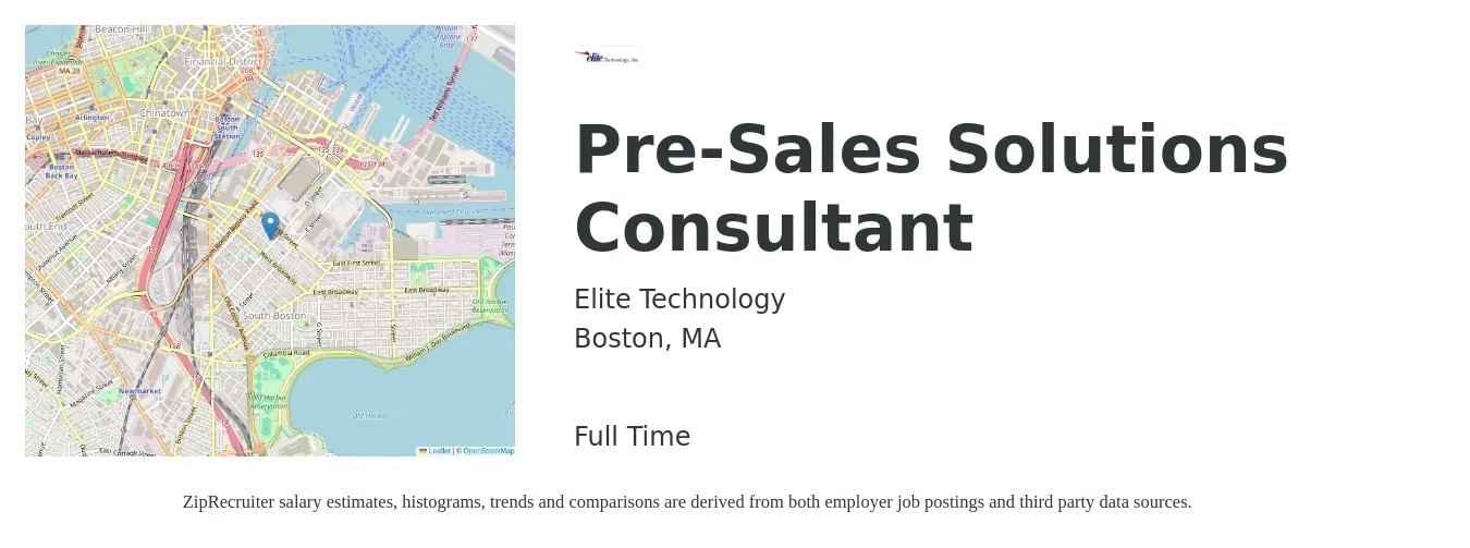Elite Technology job posting for a Pre-Sales Solutions Consultant in Boston, MA with a salary of $91,800 to $105,900 Yearly with a map of Boston location.