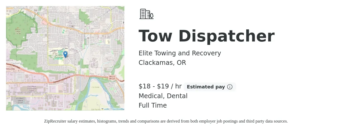 Elite Towing and Recovery job posting for a Tow Dispatcher in Clackamas, OR with a salary of $19 to $20 Hourly and benefits including retirement, dental, life_insurance, medical, and pto with a map of Clackamas location.