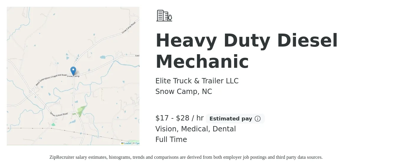 Elite Truck & Trailer LLC job posting for a Heavy Duty Diesel Mechanic in Snow Camp, NC with a salary of $18 to $30 Hourly and benefits including medical, pto, vision, and dental with a map of Snow Camp location.