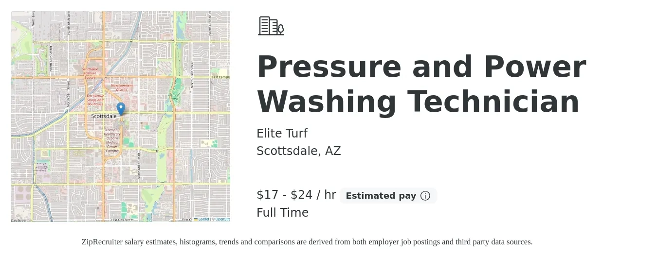 Elite Turf job posting for a Pressure and Power Washing Technician in Scottsdale, AZ with a salary of $17 to $22 Hourly with a map of Scottsdale location.