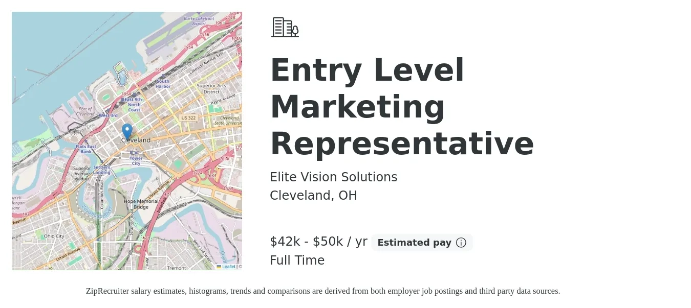 Elite Vision Solutions job posting for a Entry Level Marketing Representative in Cleveland, OH with a salary of $42,500 to $50,000 Yearly with a map of Cleveland location.