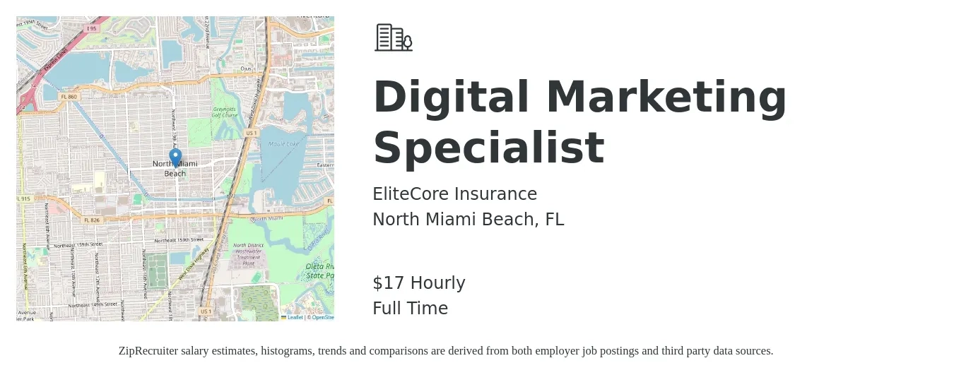 EliteCore Insurance job posting for a Digital Marketing Specialist in North Miami Beach, FL with a salary of $18 to $20 Hourly with a map of North Miami Beach location.