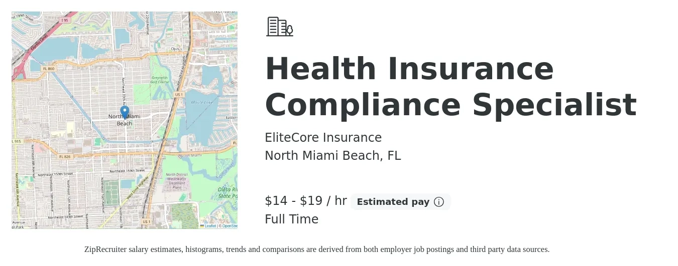 EliteCore Insurance job posting for a Health Insurance Compliance Specialist in North Miami Beach, FL with a salary of $15 to $20 Hourly with a map of North Miami Beach location.