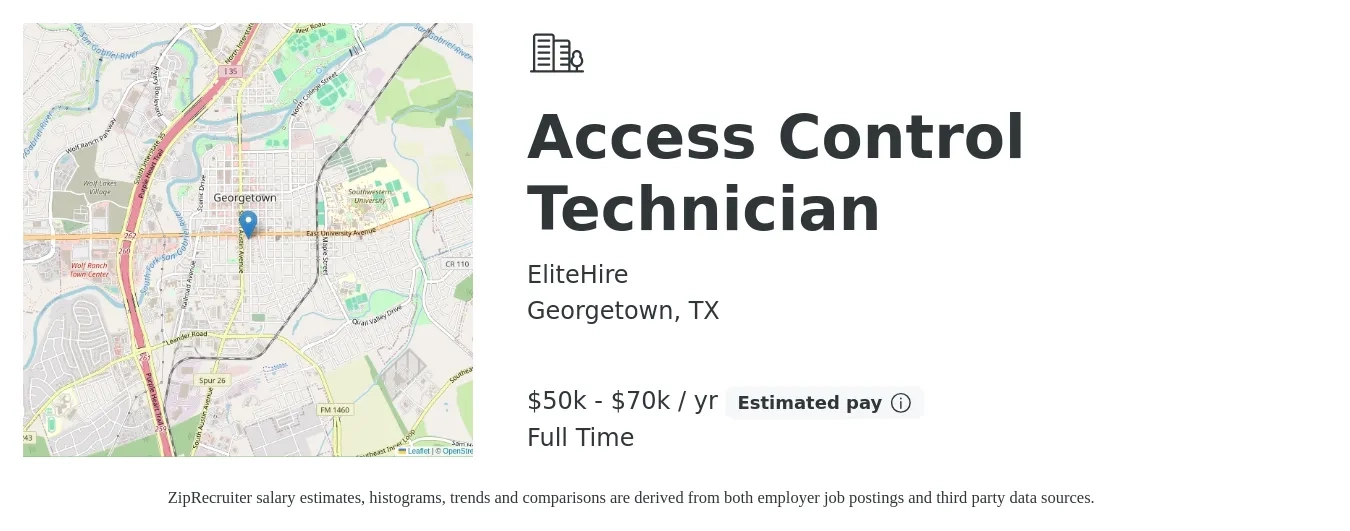 EliteHire job posting for a Access Control Technician in Georgetown, TX with a salary of $22 to $31 Hourly with a map of Georgetown location.