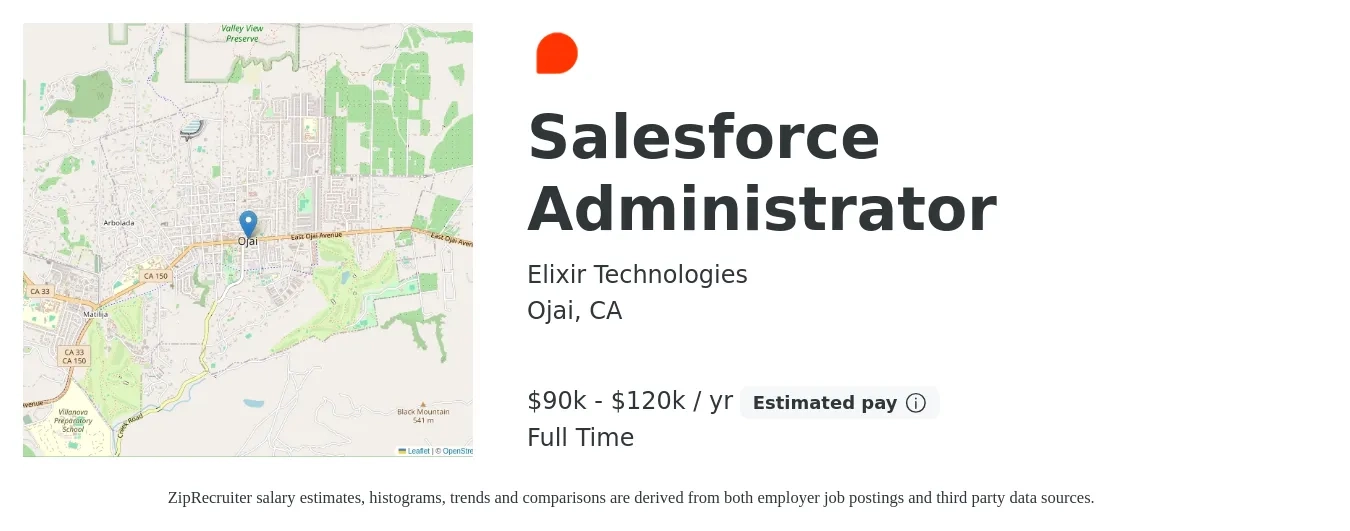 Elixir Technologies job posting for a Salesforce Administrator in Ojai, CA with a salary of $90,000 to $120,000 Yearly with a map of Ojai location.
