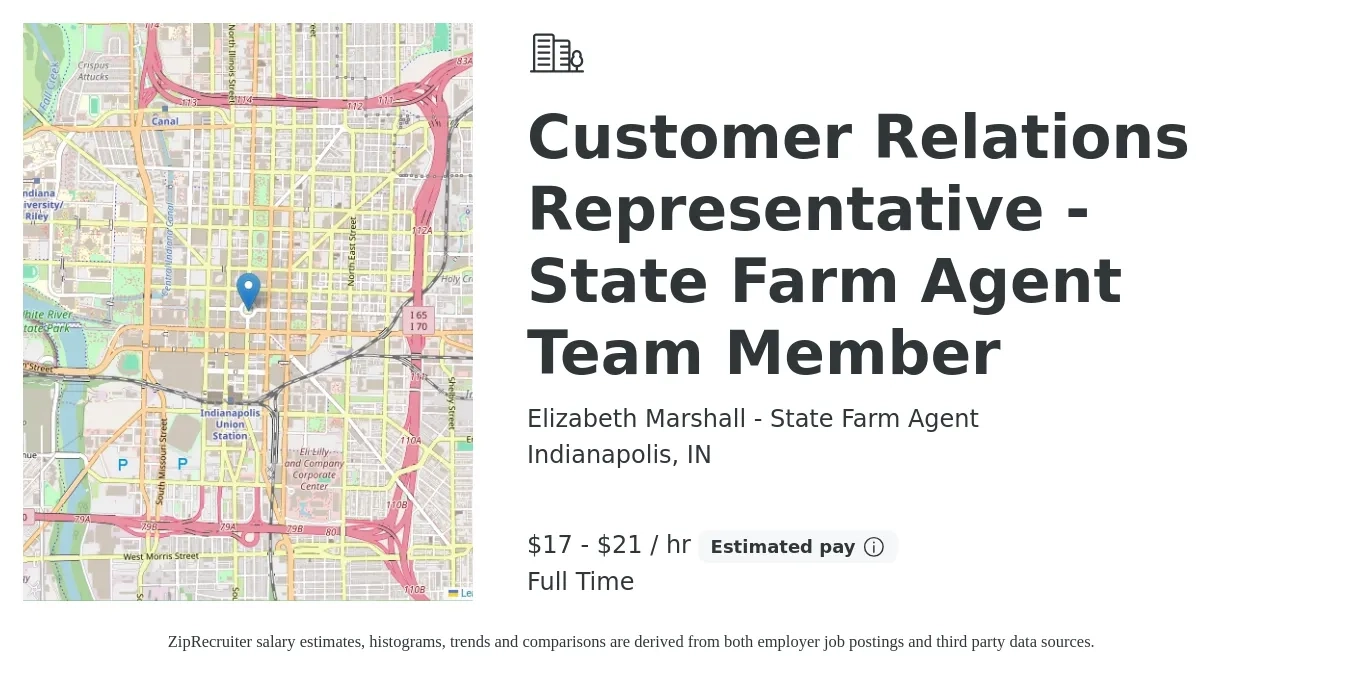 Elizabeth Marshall - State Farm Agent job posting for a Customer Relations Representative - State Farm Agent Team Member in Indianapolis, IN with a salary of $18 to $22 Hourly with a map of Indianapolis location.