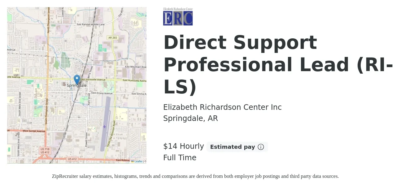Elizabeth Richardson Center Inc job posting for a Direct Support Professional Lead (RI-LS) in Springdale, AR with a salary of $15 Hourly with a map of Springdale location.