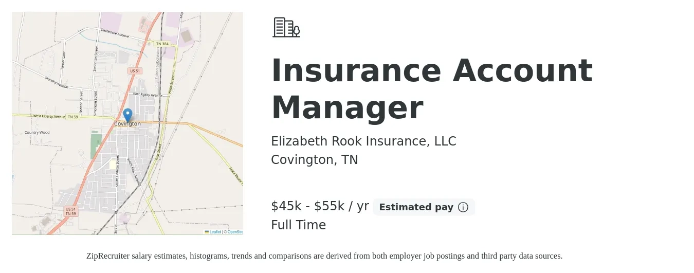 Elizabeth Rook Insurance, LLC job posting for a Insurance Account Manager in Covington, TN with a salary of $45,000 to $55,000 Yearly with a map of Covington location.