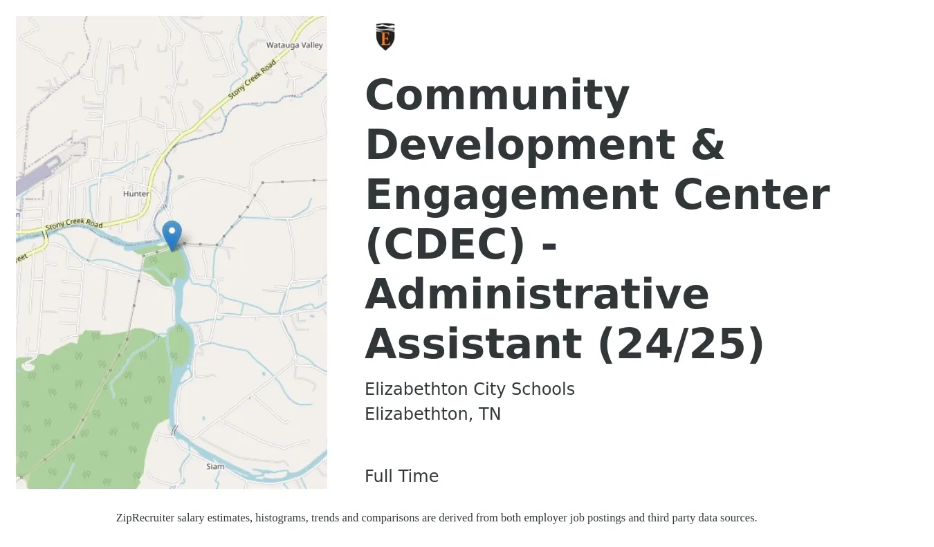 Elizabethton City Schools job posting for a Community Development & Engagement Center (CDEC) - Administrative Assistant (24/25) in Elizabethton, TN with a salary of $14 to $20 Hourly with a map of Elizabethton location.