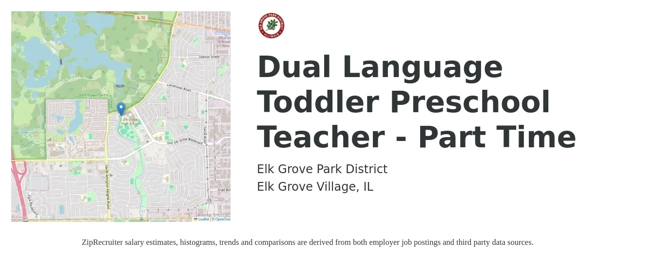 Elk Grove Park District job posting for a Dual Language Toddler Preschool Teacher - Part Time in Elk Grove Village, IL with a salary of $16 to $17 Hourly with a map of Elk Grove Village location.