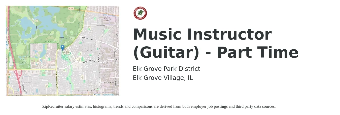 Elk Grove Park District job posting for a Music Instructor (Guitar) - Part Time in Elk Grove Village, IL with a salary of $24 to $25 Hourly with a map of Elk Grove Village location.
