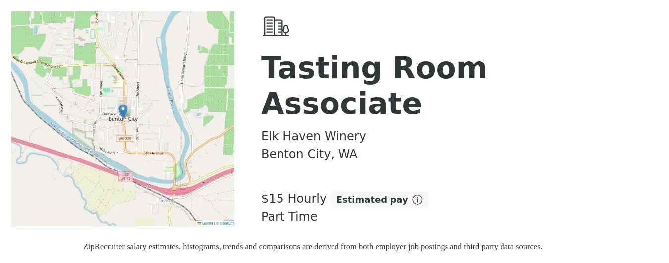 Elk Haven Winery job posting for a Tasting Room Associate in Benton City, WA with a salary of $16 Hourly with a map of Benton City location.