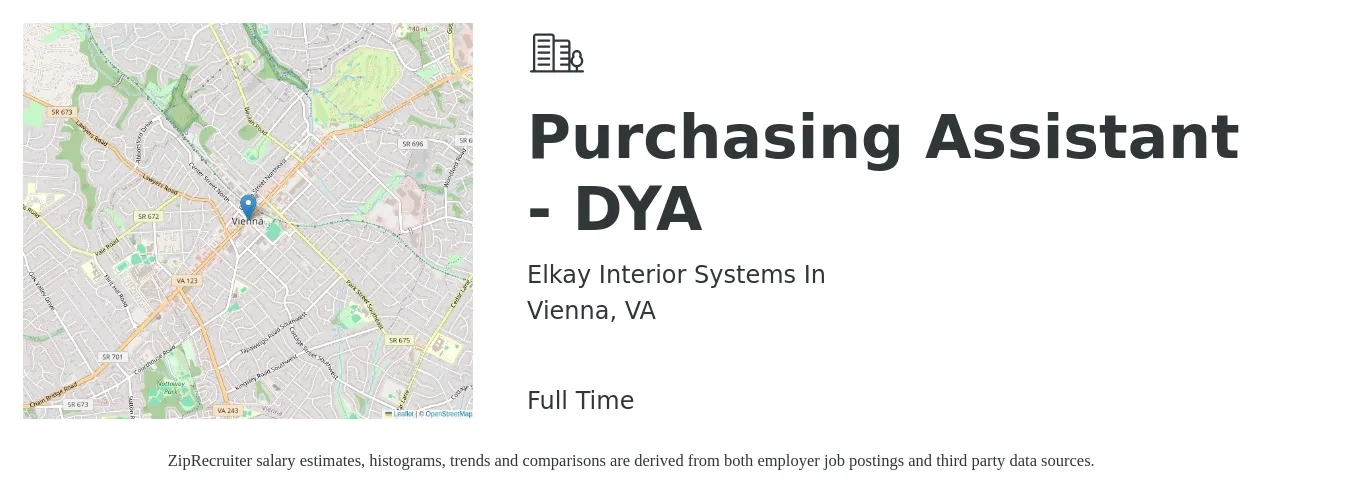 Elkay Interior Systems In job posting for a Purchasing Assistant - DYA in Vienna, VA with a salary of $19 to $24 Hourly with a map of Vienna location.