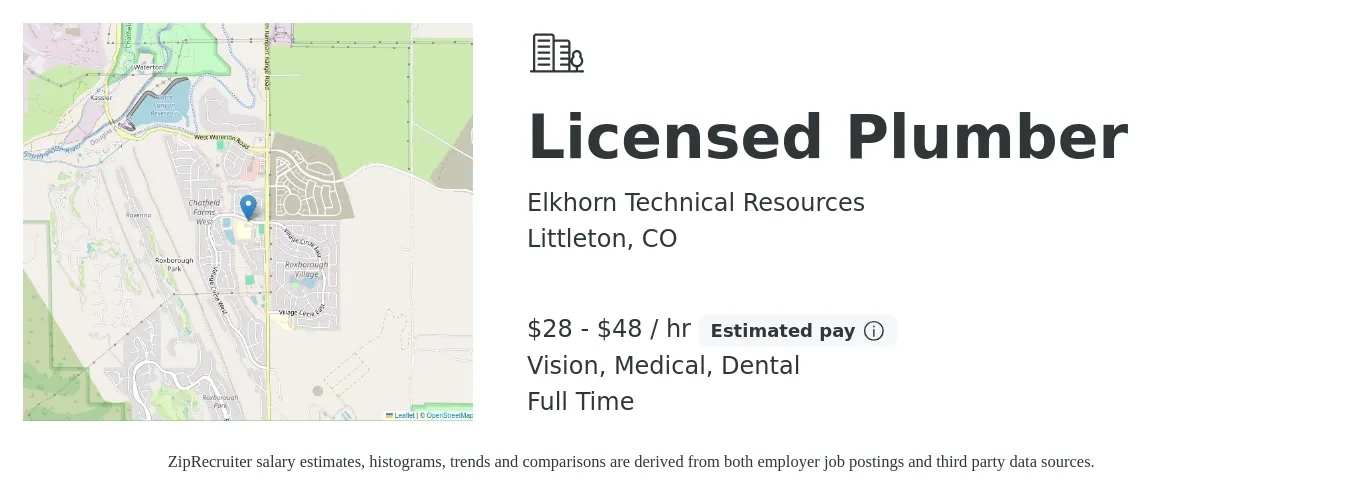 Elkhorn Technical Resources job posting for a Licensed Plumber in Littleton, CO with a salary of $30 to $50 Hourly (plus commission) and benefits including medical, pto, retirement, vision, dental, and life_insurance with a map of Littleton location.