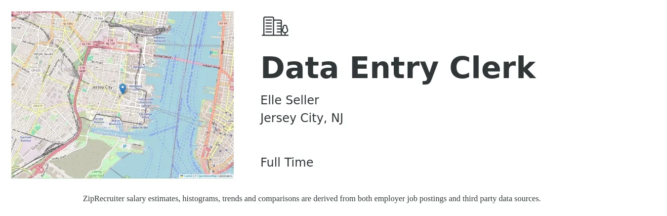 Elle Seller job posting for a Data Entry Clerk in Jersey City, NJ with a salary of $950 to $1,250 Weekly with a map of Jersey City location.