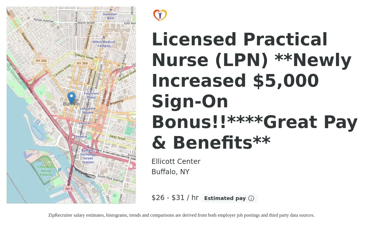 Ellicott Center job posting for a Licensed Practical Nurse (LPN) **Newly Increased $5,000 Sign-On Bonus!!****Great Pay & Benefits** in Buffalo, NY with a salary of $28 to $32 Hourly with a map of Buffalo location.