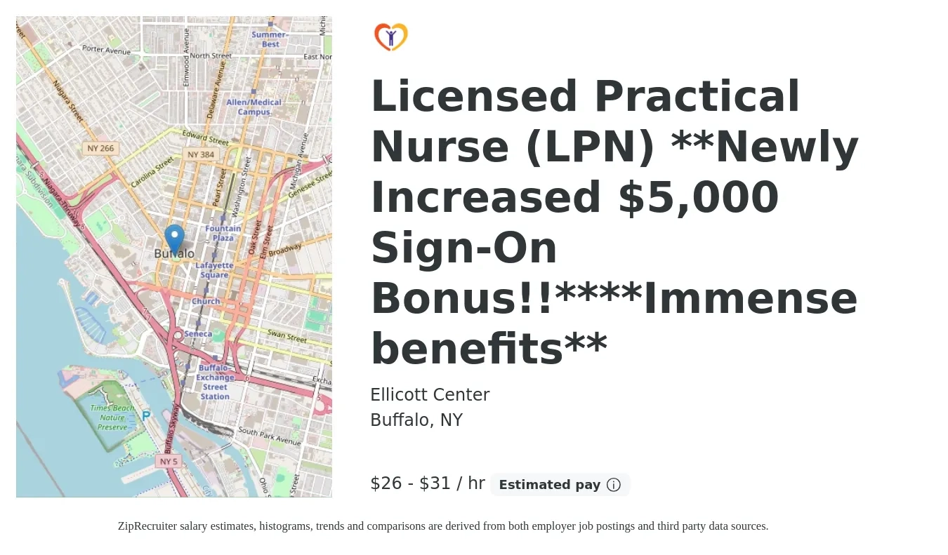 Ellicott Center job posting for a Licensed Practical Nurse (LPN) **Newly Increased $5,000 Sign-On Bonus!!****Immense benefits** in Buffalo, NY with a salary of $28 to $32 Hourly with a map of Buffalo location.