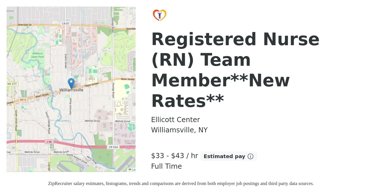 Ellicott Center job posting for a Registered Nurse (RN) Team Member**New Rates** in Williamsville, NY with a salary of $35 to $45 Hourly with a map of Williamsville location.