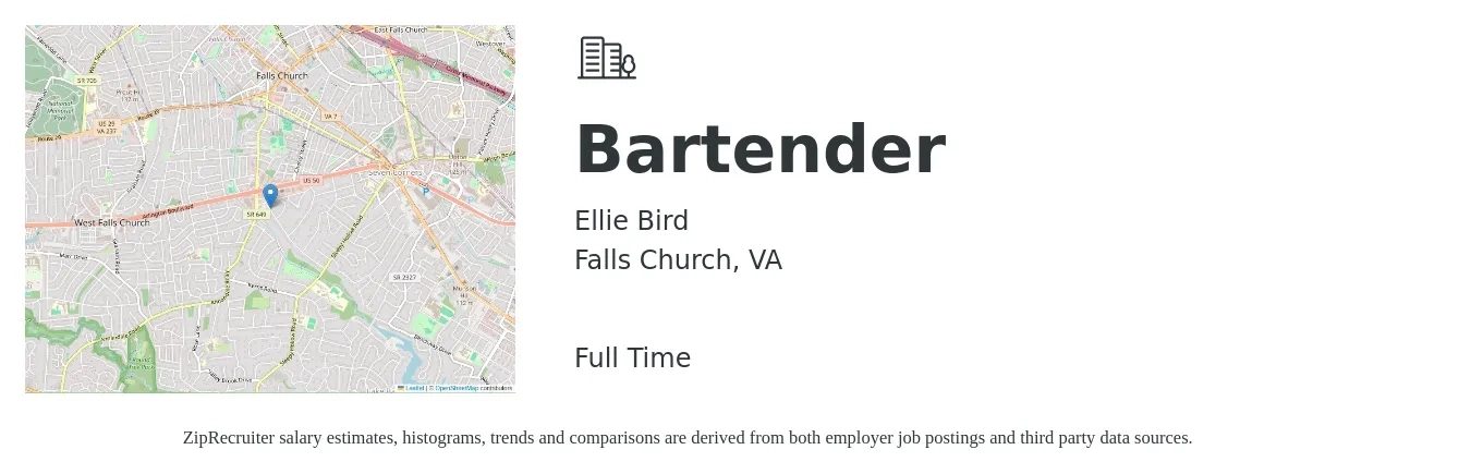Ellie Bird job posting for a Bartender in Falls Church, VA with a salary of $11 to $20 Hourly with a map of Falls Church location.