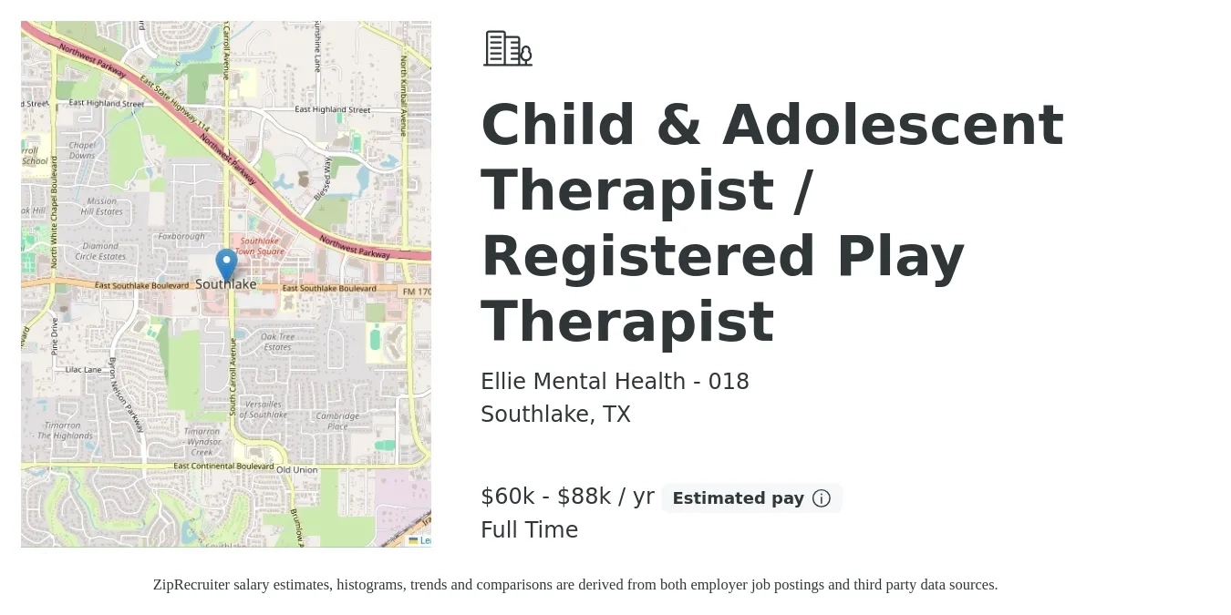 Ellie Mental Health - 018 job posting for a Child & Adolescent Therapist / Registered Play Therapist in Southlake, TX with a salary of $60,000 to $88,000 Yearly with a map of Southlake location.