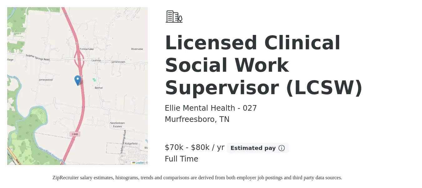 Ellie Mental Health - 027 job posting for a Licensed Clinical Social Work Supervisor (LCSW) in Murfreesboro, TN with a salary of $70,000 to $80,000 Yearly with a map of Murfreesboro location.