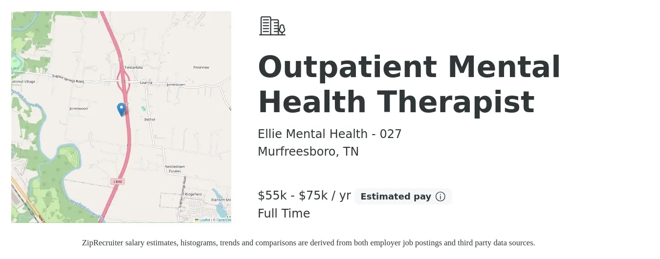 Ellie Mental Health - 027 job posting for a Outpatient Mental Health Therapist in Murfreesboro, TN with a salary of $55,000 to $75,000 Yearly with a map of Murfreesboro location.