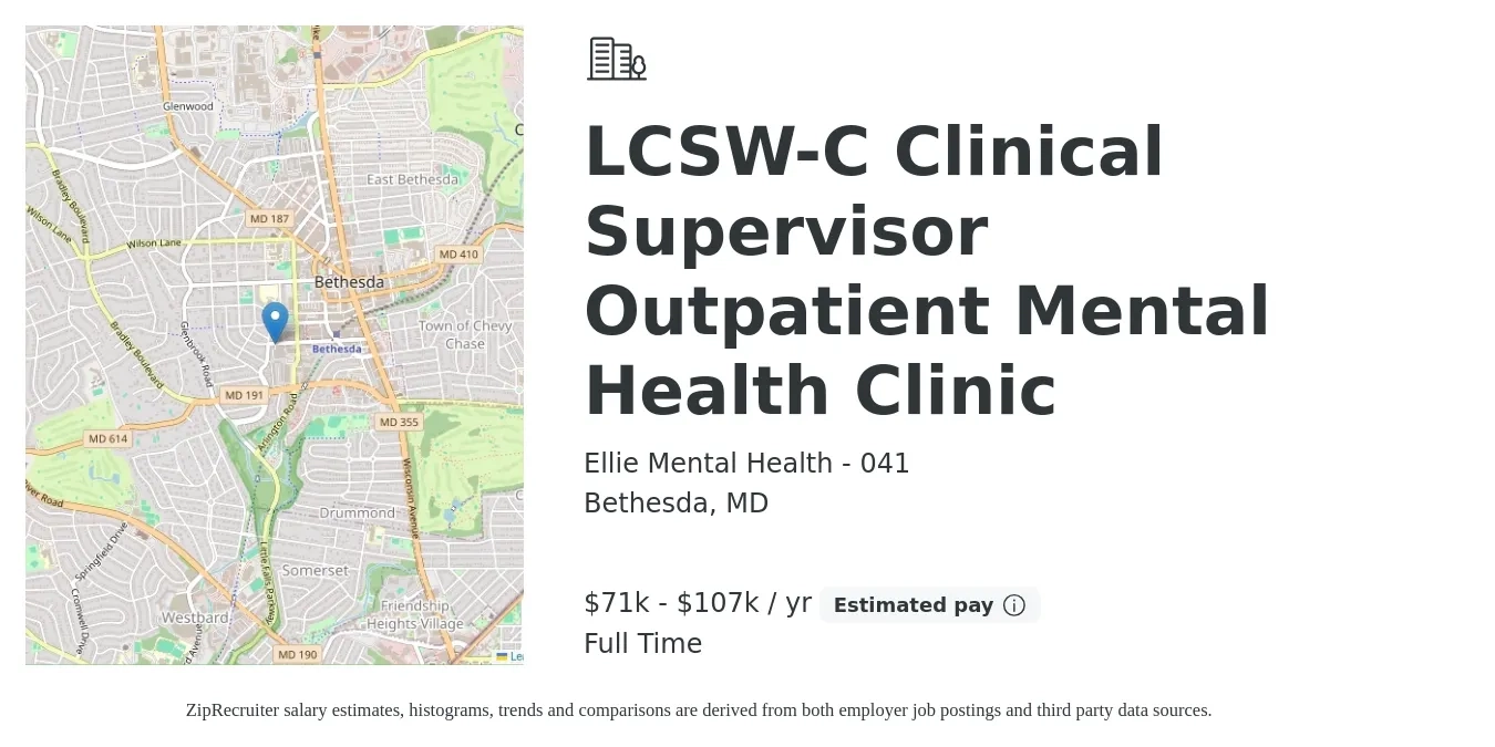 Ellie Mental Health - 041 job posting for a LCSW-C Clinical Supervisor Outpatient Mental Health Clinic in Bethesda, MD with a salary of $71,000 to $107,000 Yearly with a map of Bethesda location.