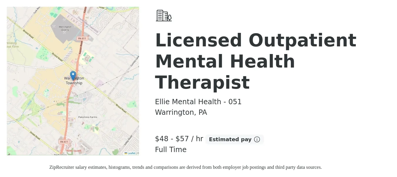 Ellie Mental Health - 051 job posting for a Licensed Outpatient Mental Health Therapist in Warrington, PA with a salary of $65,000 to $80,000 Yearly with a map of Warrington location.