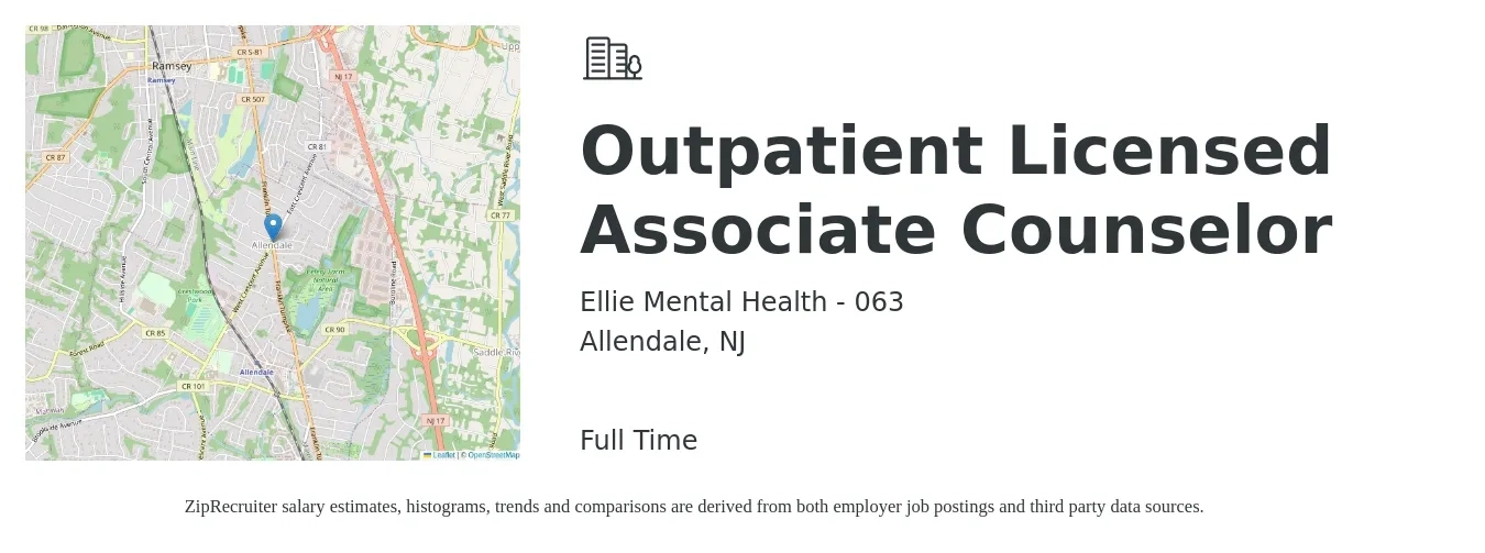 Ellie Mental Health - 063 job posting for a Outpatient Licensed Associate Counselor in Allendale, NJ with a salary of $58,700 to $88,300 Yearly with a map of Allendale location.