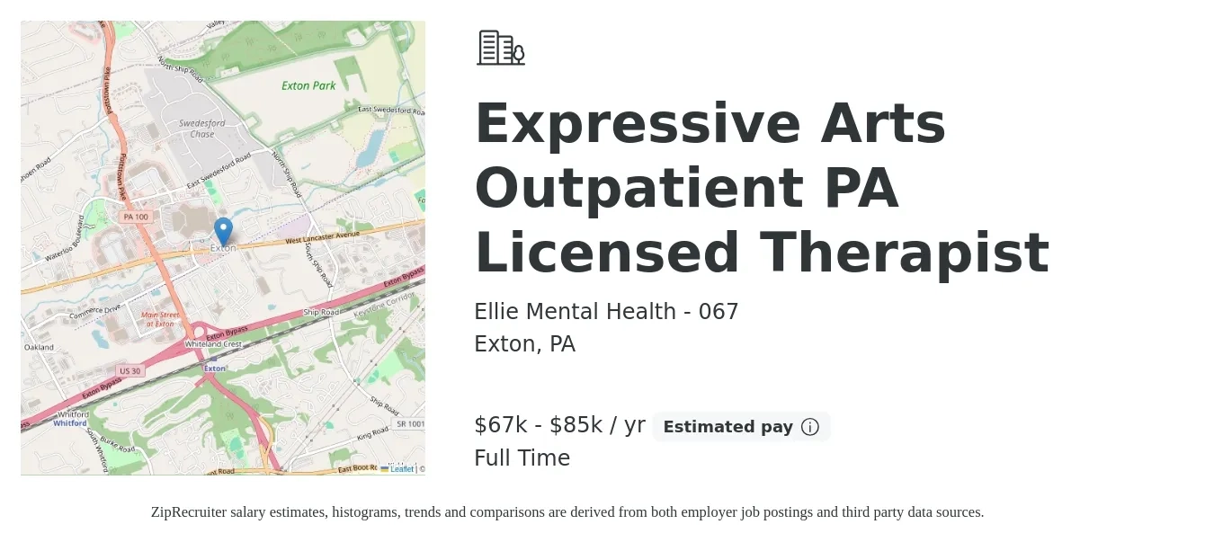 Ellie Mental Health - 067 job posting for a Expressive Arts Outpatient PA Licensed Therapist in Exton, PA with a salary of $67,000 to $85,000 Yearly with a map of Exton location.