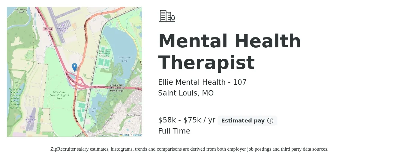 Ellie Mental Health - 107 job posting for a Mental Health Therapist in Saint Louis, MO with a salary of $58,000 to $75,000 Yearly with a map of Saint Louis location.