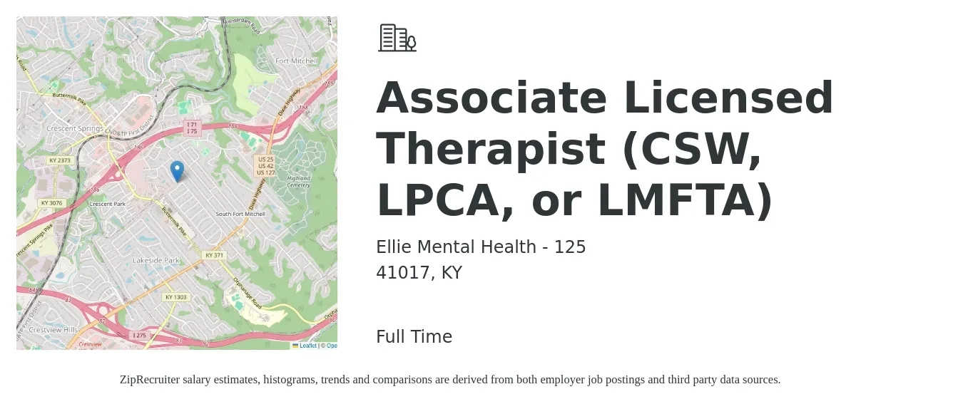Ellie Mental Health - 125 job posting for a Associate Licensed Therapist (CSW, LPCA, or LMFTA) in 41017, KY with a salary of $58,600 to $94,500 Yearly with a map of 41017 location.