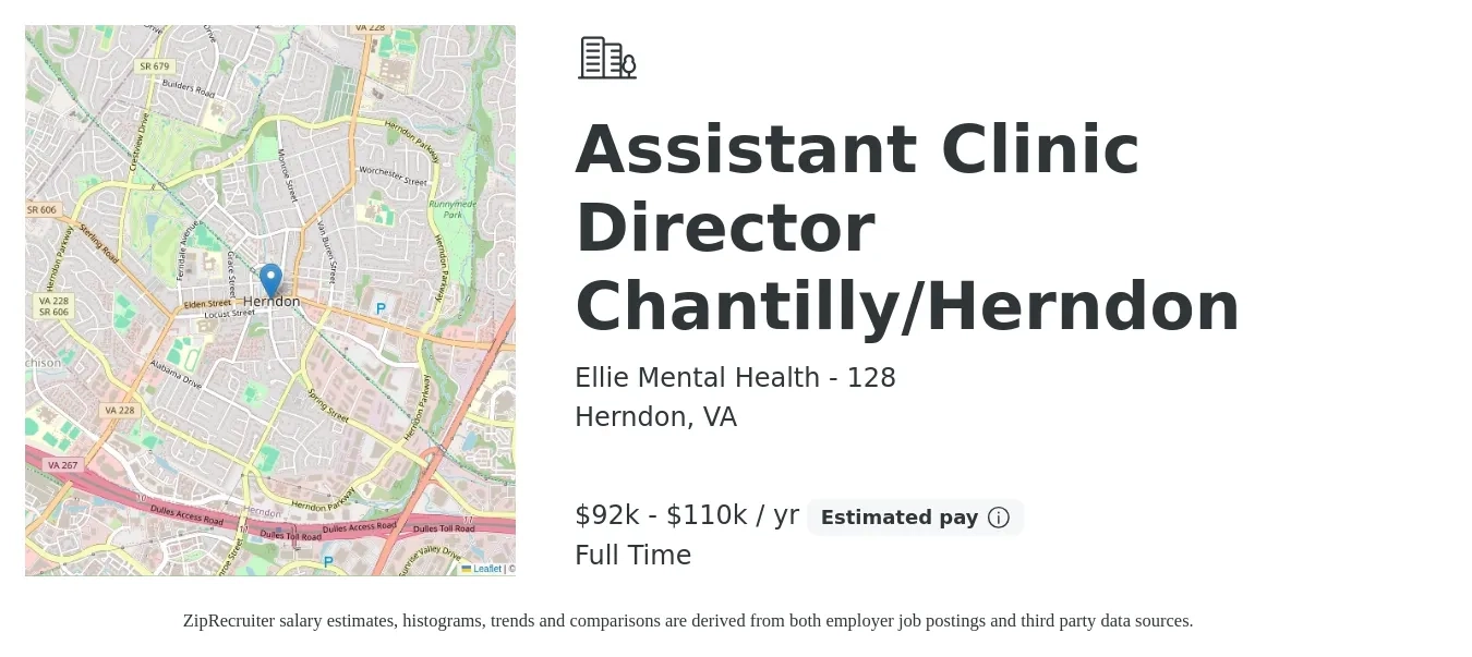 Ellie Mental Health - 128 job posting for a Assistant Clinic Director Chantilly/Herndon in Herndon, VA with a salary of $92,000 to $110,000 Yearly with a map of Herndon location.