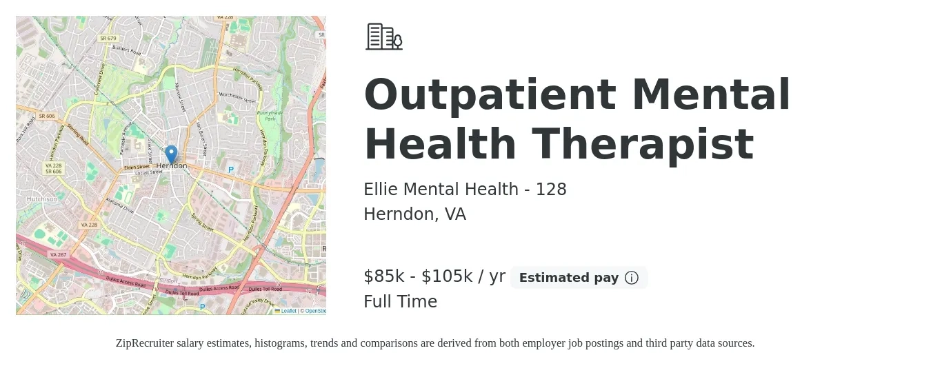 Ellie Mental Health - 128 job posting for a Outpatient Mental Health Therapist in Herndon, VA with a salary of $85,000 to $105,000 Yearly with a map of Herndon location.