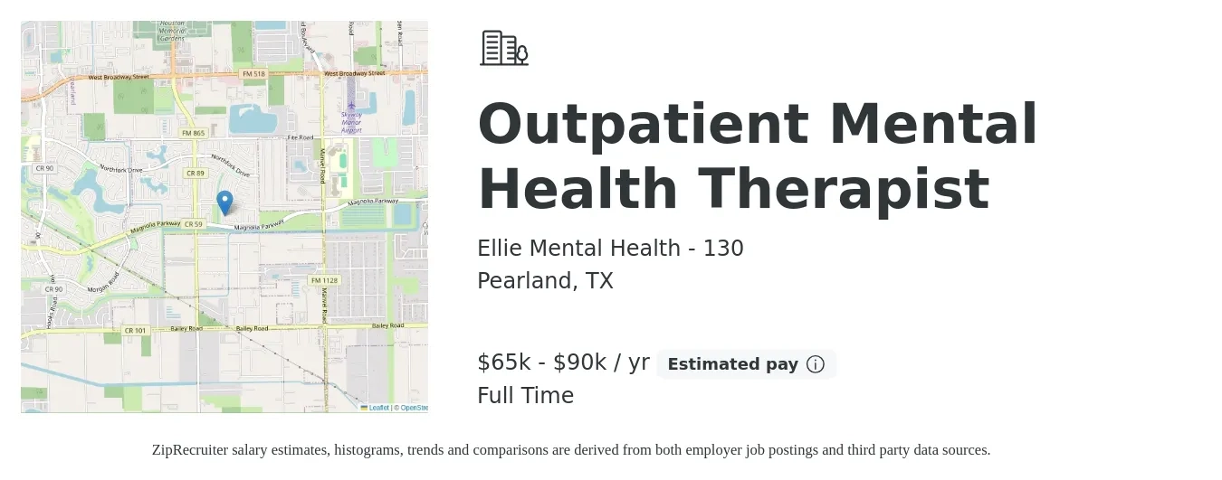 Ellie Mental Health - 130 job posting for a Outpatient Mental Health Therapist in Pearland, TX with a salary of $65,000 to $90,000 Yearly with a map of Pearland location.