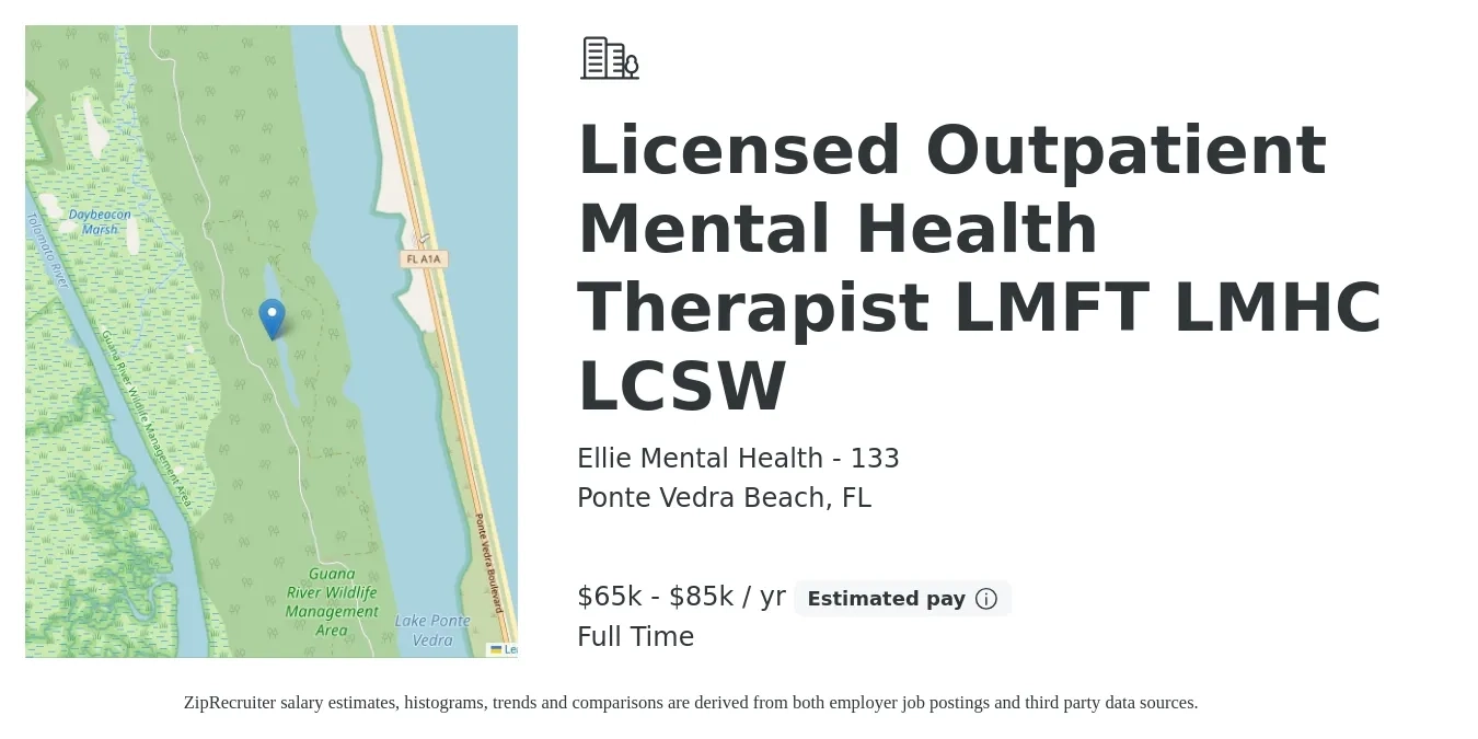 Ellie Mental Health - 133 job posting for a Licensed Outpatient Mental Health Therapist LMFT LMHC LCSW in Ponte Vedra Beach, FL with a salary of $65,000 to $85,000 Yearly with a map of Ponte Vedra Beach location.