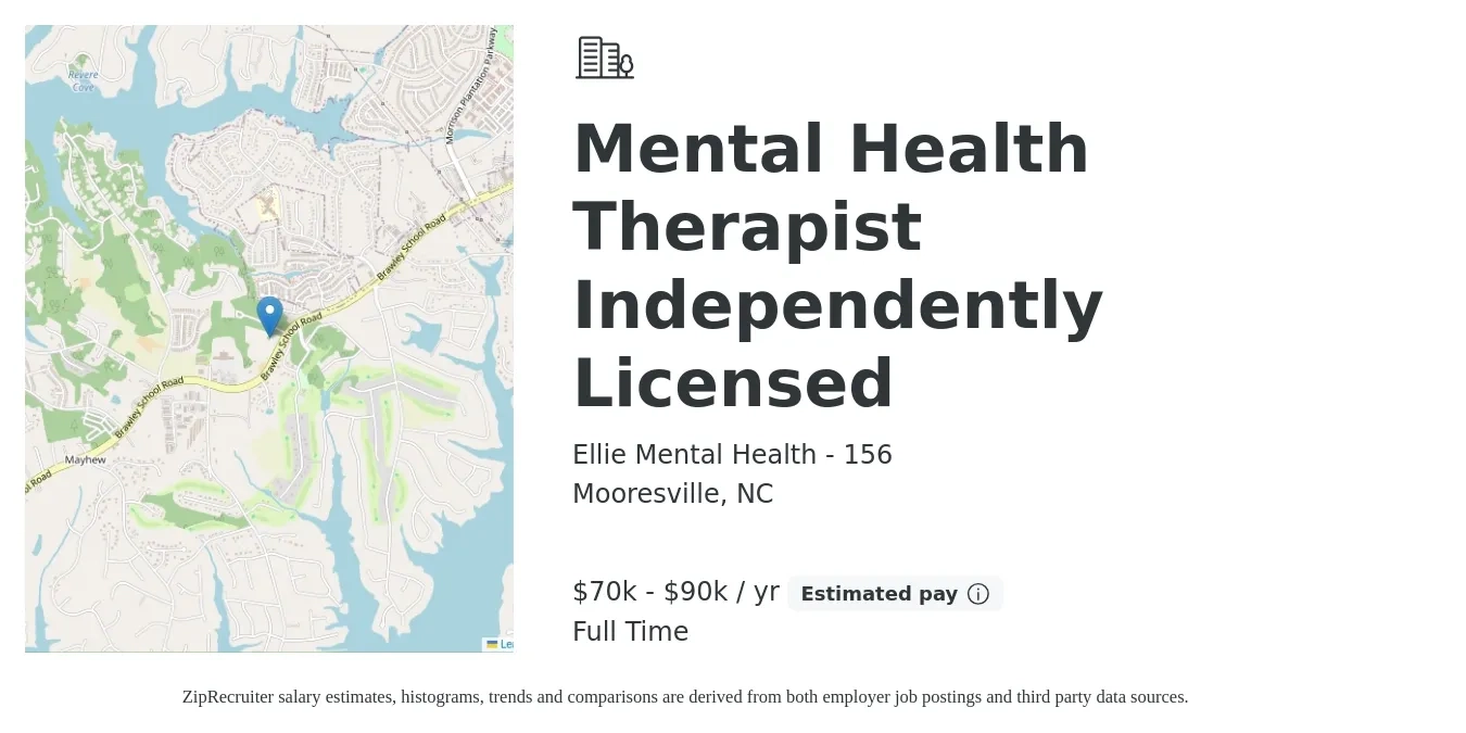 Ellie Mental Health - 156 job posting for a Mental Health Therapist Independently Licensed in Mooresville, NC with a salary of $70,000 to $90,000 Yearly with a map of Mooresville location.