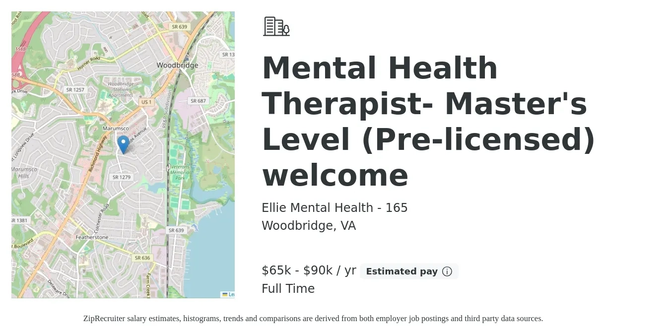 Ellie Mental Health - 165 job posting for a Mental Health Therapist- Master's Level (Pre-licensed) welcome in Woodbridge, VA with a salary of $65,000 to $90,000 Yearly with a map of Woodbridge location.